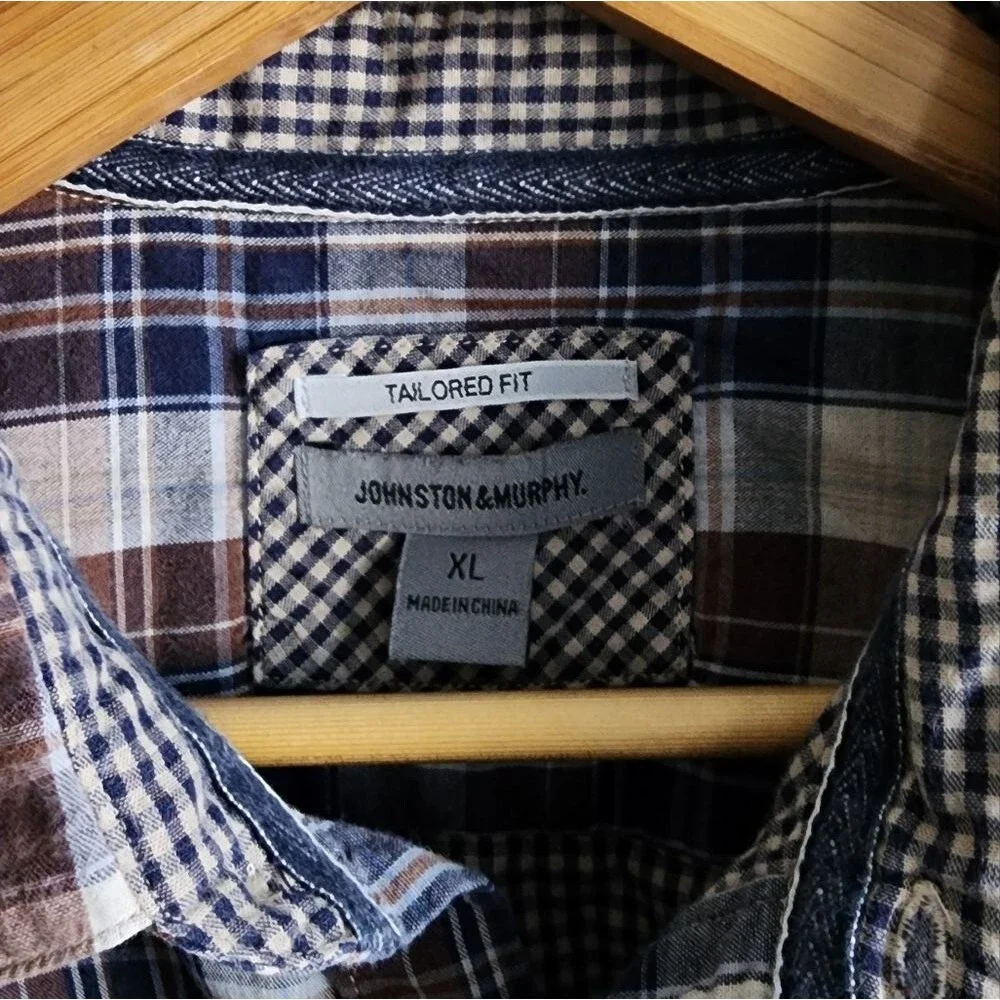 Johnston & Murphy Tailored Fit Men's XL Plaid Button Front Long Sleeve Shirt